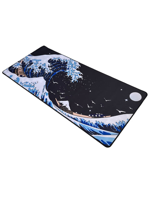 Kanagawa Wave muismat met maanverlichte zee en klassieke golfillustratie – 900x400mm formaat